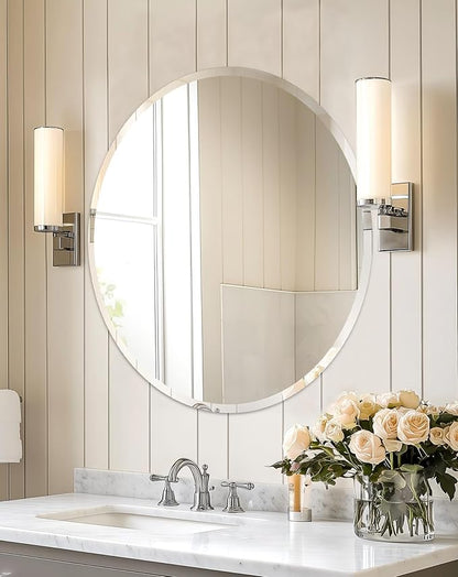 Frameless Round Wall Mirror: Decorative Mirrored Glass Vanity with Beveled Silver Edge for Bathroom Bedroom Livingroom Dining Room Entryway Hallway, 32 x 32 inch