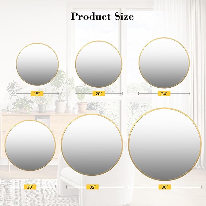 30" Gold Round Mirror for Wall, Large Circle Bathroom Mirror for Over Sink, Matte Gold Metal Frame, HD Eco-Friendly Glass, Contemporary Vanity Mirror for Entryway Hallway Living Room Home Decor, Easy