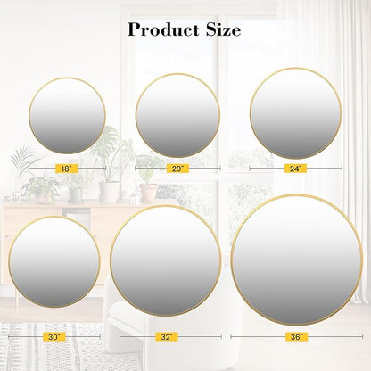 30" Gold Round Mirror for Wall, Large Circle Bathroom Mirror for Over Sink, Matte Gold Metal Frame, HD Eco-Friendly Glass, Contemporary Vanity Mirror for Entryway Hallway Living Room Home Decor, Easy