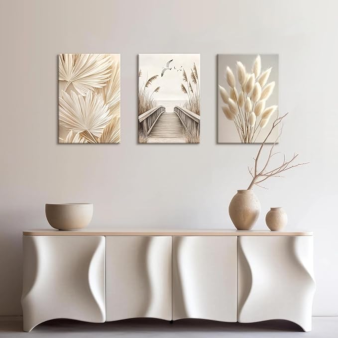 3 Pcs Beige Reeds Botanical Framed Canvas Wall Art Neutral Palm Fronds Wall Paintings Quiet Beach Landscapes Art Prints Picture Home Decor for Bedroom Living Room Office Reay to Hang 16"x24"x3Pcs