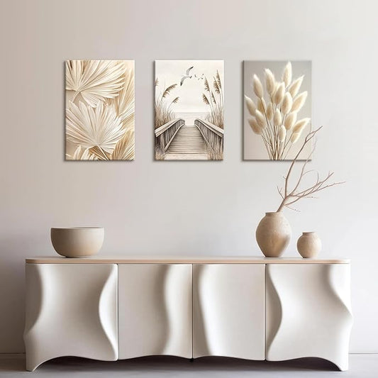 3 Pcs Beige Reeds Botanical Framed Canvas Wall Art Neutral Palm Fronds Wall Paintings Quiet Beach Landscapes Art Prints Picture Home Decor for Bedroom Living Room Office Reay to Hang 16"x24"x3Pcs