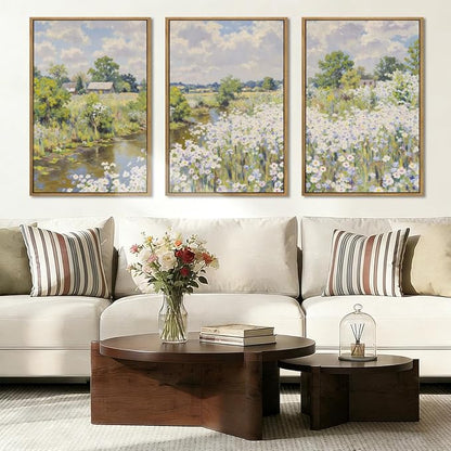 BINCUE Framed Wildflower Wall Art Rustic Floral Wall Decor Vintage Landscape Artwork for Living Room Bedroom Bathroom 16x24 Inches Set of 3