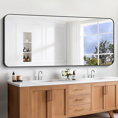 Large Bathroom Mirror, 72x30 inch Black Metal Frame Rectangular Vanity Mirror, Rounded Corner Wall Mounted Rectangle Mirrors for Bedroom Living Room Hangs Horizontal Or Vertical