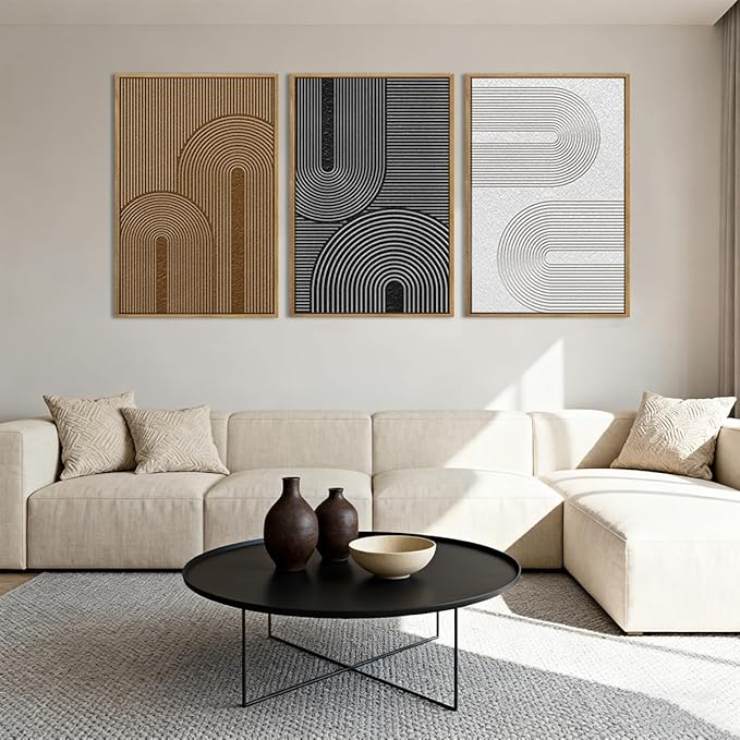 BINCUE Abstract Neutral Canvas Paintings Framed Modern Wall Art Neutral Geometric Wall Decor Modern Abstract Artwork Black and White Wall Paintings Brown Wall Pictures for Bedroom Living Room Office 16x24 Inch Set of 3