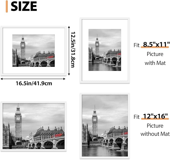 Fixwal 12x16 Poster Frame Set of 6 with Shatter Resistant Plastic Glass, Thin Border and Light Weight Photo Frames for Wall Decor Diamond Art, Gift for Mother's Day, Father's Day, White