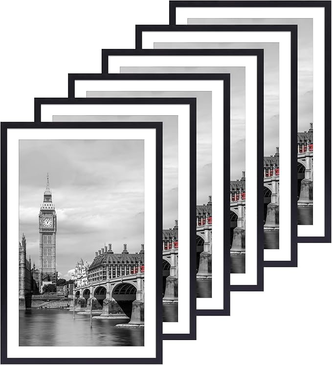 Fixwal 11x17 Picture Frame Set of 6 with Shatter Resistant Plastic Glass, Thin Border and Light Weight Photo Frames for Wall, Gift for Mother's Day, Father's Day, Graduation, Black