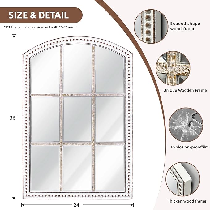 HOITUZYUS 36x24 Inch Arched Windowpane Wall Mirror Farmhouse Style, Rustic Decorative Mirrors for Living Room, Bedroom, Entryway, Hallway, Bathroom