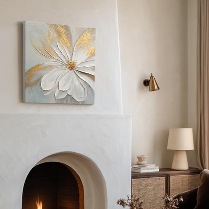 JUHOME Abstract Floral Canvas Wall Art, 24x24 In Hand Painted Original White Flower Oil Painting Textured with Gold Leaf Modern Wall Decor for Living Room Bedroom Office Framed Ready to Hang