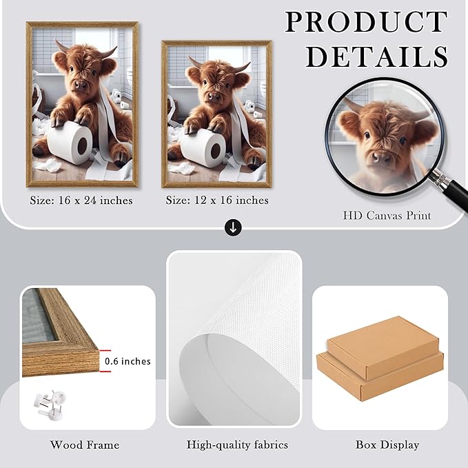 FYLDPSB 3Pcs Framed Little Highland Cow Bathroom Canvas Wall Art, Funny Signs Animal Wall Decor, Rustic Cute Poster Prints for Bathroom Restroom Decor 24''L x 16''W