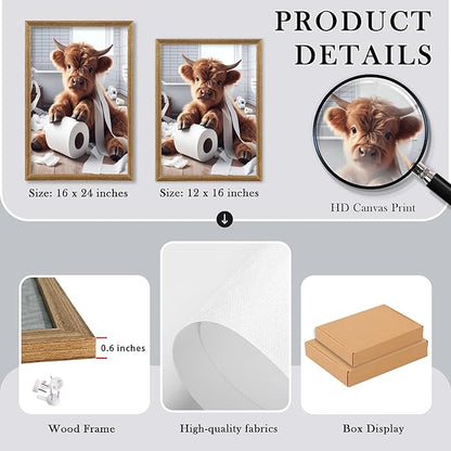 FYLDPSB 3Pcs Framed Little Highland Cow Bathroom Canvas Wall Art, Funny Signs Animal Wall Decor, Rustic Cute Poster Prints for Bathroom Restroom Decor 24''L x 16''W