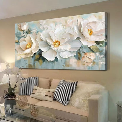 Enartly White Flowers Canvas Wall Art, Natural Plant Painting Textured Artwork for Living Room Bedroom Hallway Kitchen Dining Room Home Office Wall Decor, 58"x29"