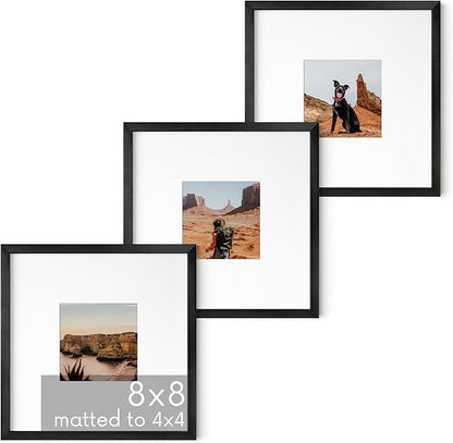 HAUS AND HUES 8x8 Black Metal Picture Frames Matted to 4x4 - Features Premium Aluminum & Hanging Hardware, Shatterproof Plexiglass - Ideal for Home, Room, Office (8x8 in, Black, Set of 3)