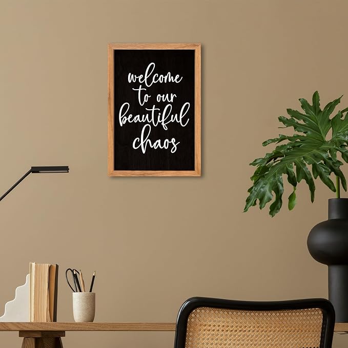 AuraPeak Welcome To Our Beautiful Chaos Sign Home Living Room Wall Decor Modern Family Rustic Farmhouse House Entryway Bedroom Hanging Horizontal Plaque Wall Art (Wood Black 16"×11")