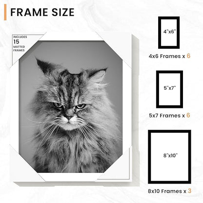 Venusmiles 15 Pack Picture Frames Collage Wall Decor, Gallery Frame Set for Wall Mounting or Tabletop Display, Multi Sizes Including 3pcs 8x10, 6pcs 5x7, 6pcs 4x6, White
