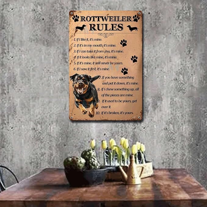 Metal Sign Tin Sign Vintage Wall Art Rottweiler Rules Funny Garden Signs for Home Decor 6×8 Inches
