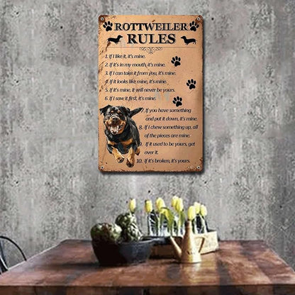 Metal Sign Tin Sign Vintage Wall Art Rottweiler Rules Funny Garden Signs for Home Decor 6×8 Inches