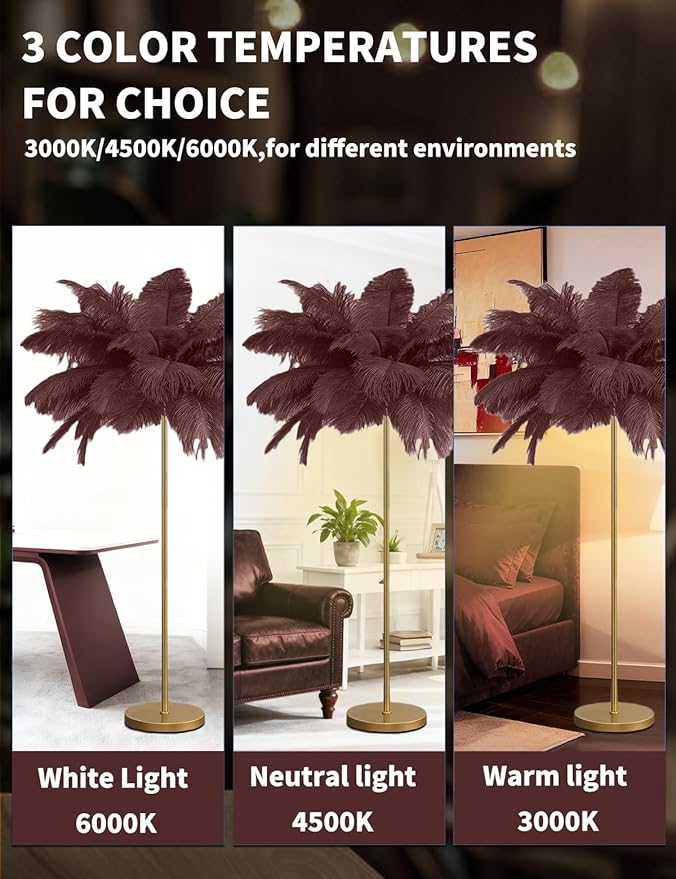 Feather Floor Lamp,Fluffy Ostrich Feather Floor Lamp for Bedroom,3 Color Temperatures Led Corner Modern Floor Lamps for Living Room Christmas Home Decor House Warming Gifts,63″ Height (Coffee)