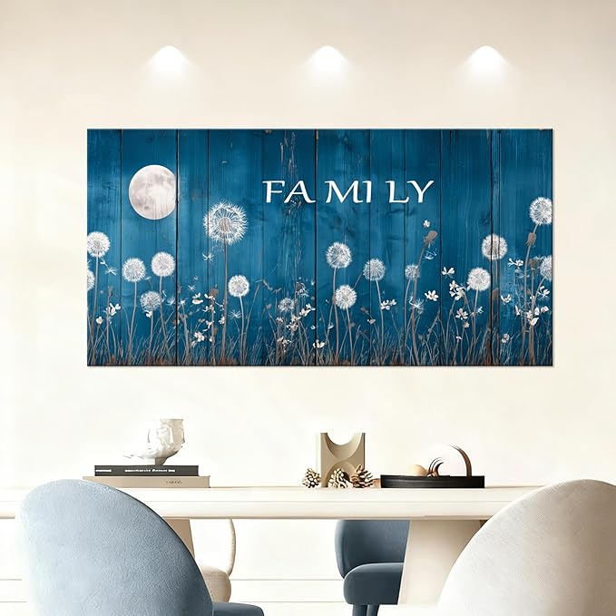 BQVCT Blue Dandelion and Moon Wall Art 20x40 Inch Large Gallery Wrapped Canvas Print Floral Botanical Decor on Rustic Wood Texture Ready to Hang for Living Room Bedroom