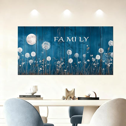 BQVCT Blue Dandelion and Moon Wall Art 20x40 Inch Large Gallery Wrapped Canvas Print Floral Botanical Decor on Rustic Wood Texture Ready to Hang for Living Room Bedroom