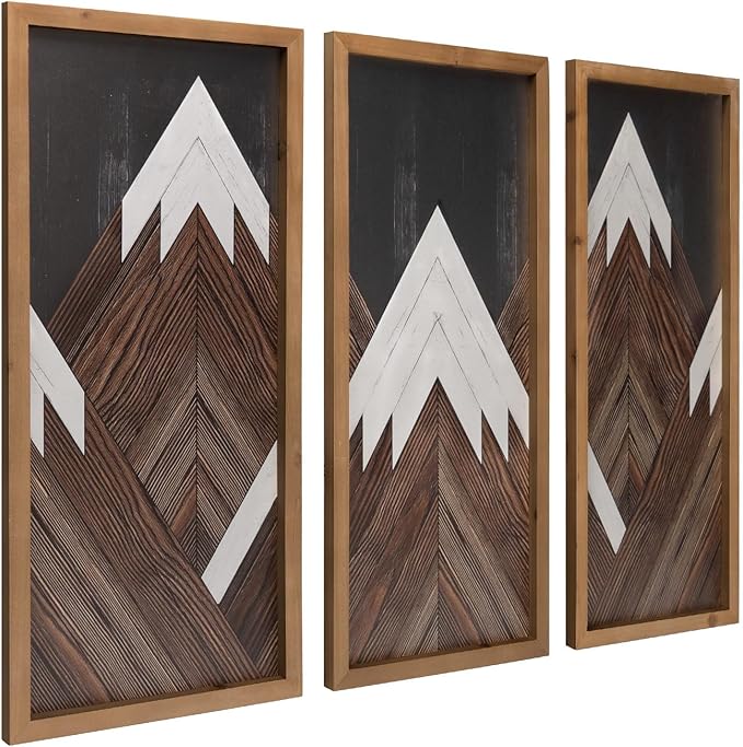 flangairy Set of 3 Mountain Wall Art Framed, 21×10 Inchs Wooden Brown White Abstract Forest Nature Wall Decor, Living Dining Room Bedroom Hallway Rustic Decorations for Home