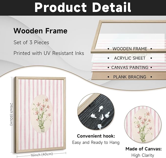 Pink Flower Wall Art Striped Floral Prints Botanical Canvas Wall Decor Aesthetic Pictures Pastel Pink Floral Poster Minimalist Flower Painting for Girl Room 16x24 Inch Framed Set of 3