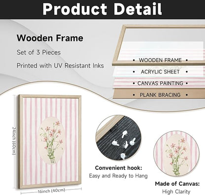 Pink Flower Wall Art Striped Floral Prints Botanical Canvas Wall Decor Aesthetic Pictures Pastel Pink Floral Poster Minimalist Flower Painting for Girl Room 16x24 Inch Framed Set of 3