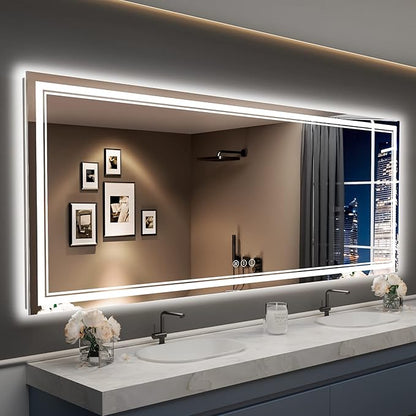 96x36 LED Bathroom Mirror with Lights, Backlit and Front Lit Anti-Fog Lighted Vanity Mirrors for Bathroom Wall, Dimmable, 3-Color Light, Memory, Shatter-Proof, HD Tempered Glass, CRI＞90