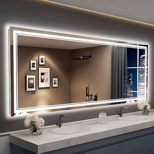 96x36 LED Bathroom Mirror with Lights, Backlit and Front Lit Anti-Fog Lighted Vanity Mirrors for Bathroom Wall, Dimmable, 3-Color Light, Memory, Shatter-Proof, HD Tempered Glass, CRI＞90