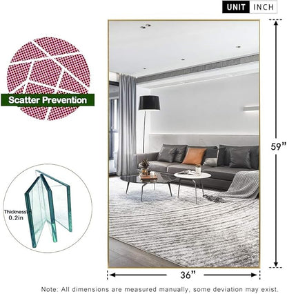 NeuType Full Length Mirror Floor Mirror, Long Mirror Full Body Dressing Mirror, Large Wall Mirror Bathroom Mirror Standing Mirror, Large Mirrors for Bedroom, Metal Frame, Gold 59"x35", No Stand