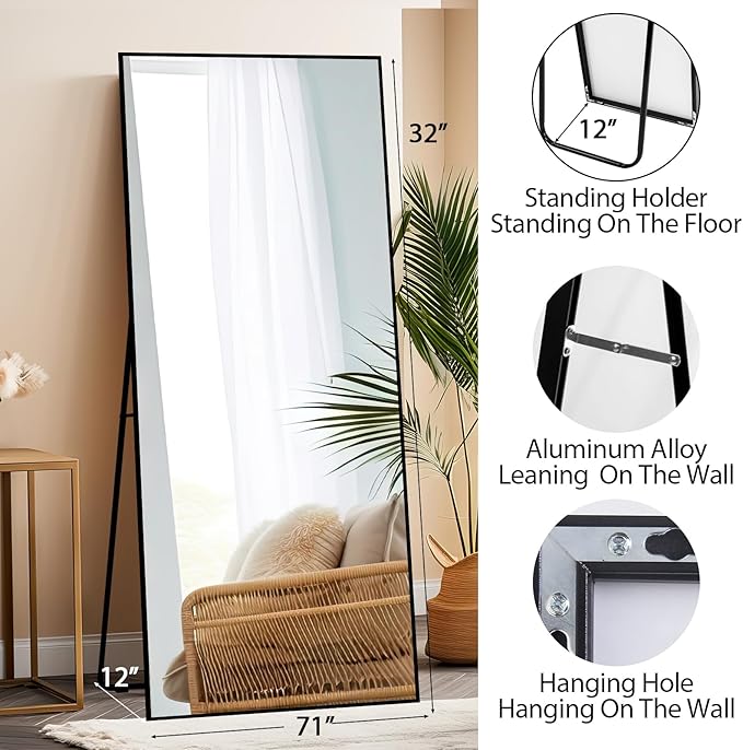 Beauty4U 71" x 32" Full Length Mirror with Stand, Large Floor Mirror for Bedroom, Wall Mounted or Leaning Full Body Mirror, HD Tempered Glass Dressing Mirror for Outfit Check & Home Decor, Black