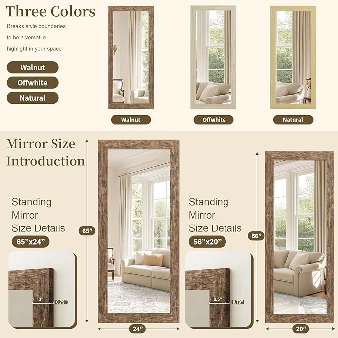 Syndra Modern Full Length Mirror Wood Frame, 65x24'' Large Floor Mirror with HD Tempered Glass & Wall Mount Option, Rectangular Standing Mirror for Bedroom, Living Room, Entryway, Farmhouse(Walnut)