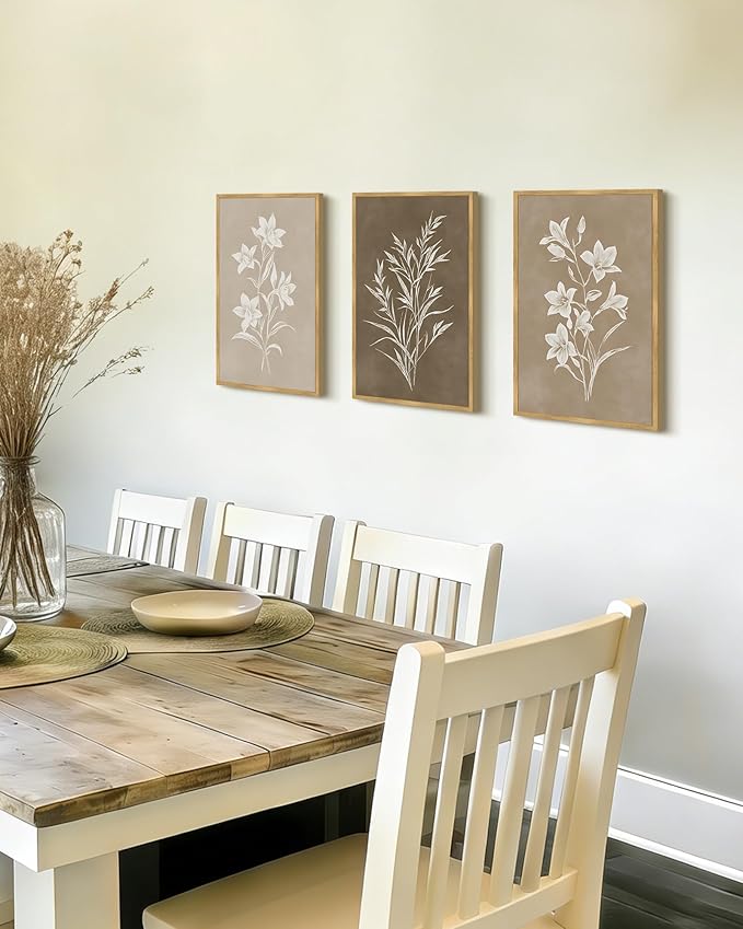 Drsoum Vintage Neutral Botanical Flower Wall Art Framed Retro Colorful Boho Floral Prints Morden Retro Wildflower Rustic Artwork Kitchen Dining Room Ready to Hang 12x16in Natural Framed