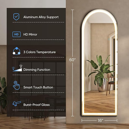 OLIXIS 20"×63" Arched LED Full Length Mirror with Lights, Standing Lighted Floor Full Body Mirror with 3 Color Lighting, Wall Mounted Mirrors for Bedroom, Bathroom, Entryway with Tempered Glass