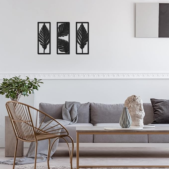 3 Pcs Palm Leaves Wooden Art Wall Decor 14.57 x 5.79 Inch Boho Wood Leaves Plant Wall Accent Vintage Tropical Plant Plaque for Home Bathroom Living Room Bedroom Office Decoration