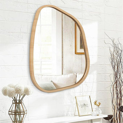 Irregular Bathroom Mirror Modern Wall Mirror Asymmetrical Wooden Framed Wall Mirror Unique Shape Wall Mounted Vanity Artistic Mirror Decor for Living Room Bedroom Entryway Large 26"x18"