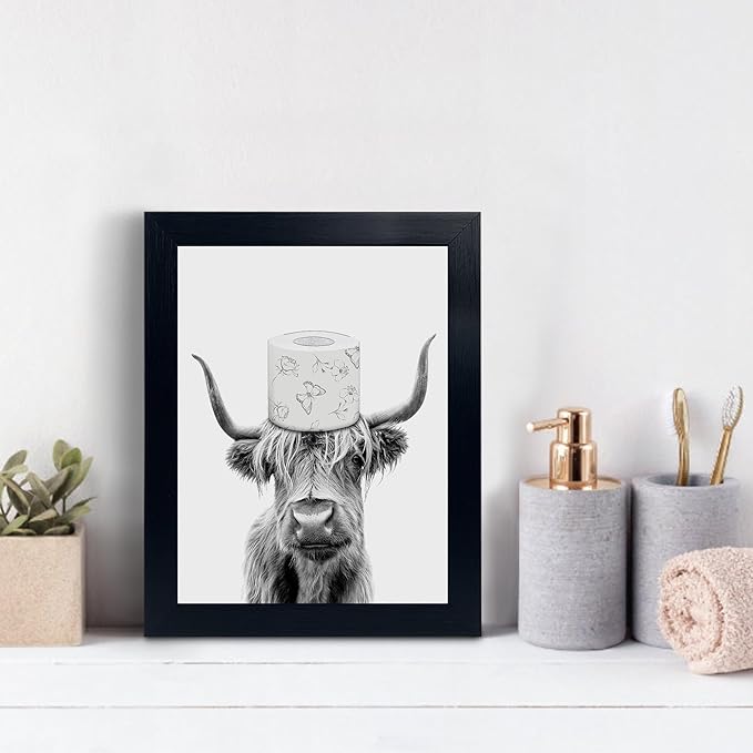 Toilet Paper On Head,Black Framed Funny Animal Prints, Vintage Black and White Rustic Style Cute Bathroom Cow Canvas Art Poster for Bathroom Restroom Decoration, Farmhouse Wall Decor