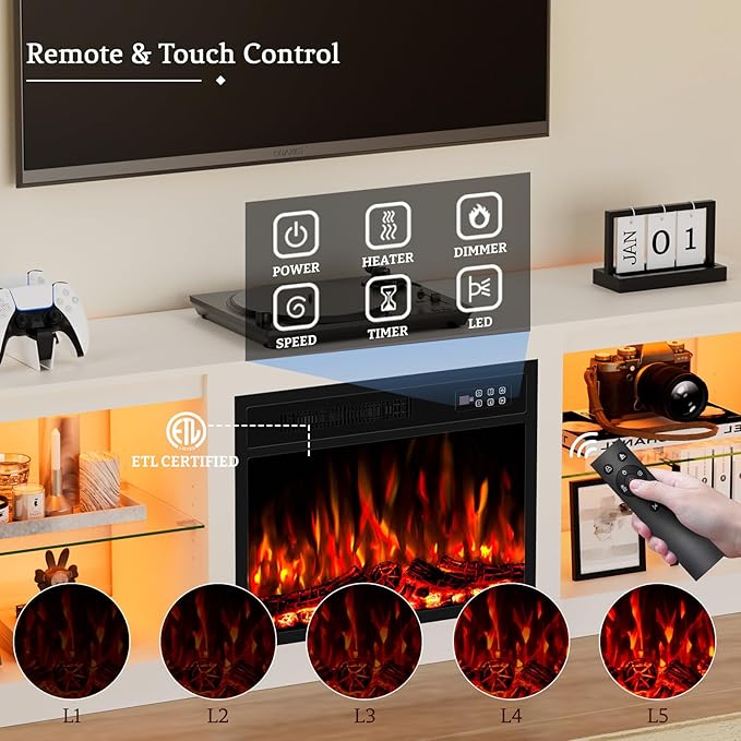 Kucreiheat 70'' TV Stand Fireplace-Entertainment Center with 23'' Fireplace, LED Light for 80 inch TV-White Fireplace Stand with Adjustable Glass Shelves, Modern TV Console for Living Room/Bedroom