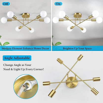 Modern Sputnik Chandelier 6-Light Industrial Ceiling Lights Fixture 22" Gold Semi Flush Mount Ceiling Light with E26 Base Sputnik Lights Fixture for Dining Room Bedroom Foyer Hallway Living Room