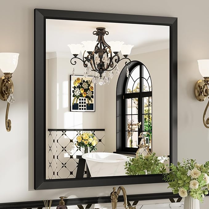 32x36 Inch Black Bathroom Mirror for Wall, Beveled Framed Rectangle Bathroom Vanity Mirrors for Over Sink, Bedroom, Living Room, Entryway, Anti-Rust, HD Tempered Glass, Horizontally/Vertically