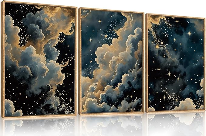 HPNIUB Dreamy Starry Night Sky Framed Wall Art Set,Moody Celestial Wall Decor,Modern Abstract Manimalist Gothic Printing,Natural Stars Illustrations Artwork for Living Room, Bedroom,Office-16''x24''x3