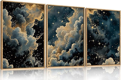 HPNIUB Dreamy Starry Night Sky Framed Wall Art Set,Moody Celestial Wall Decor,Modern Abstract Manimalist Gothic Printing,Natural Stars Illustrations Artwork for Living Room, Bedroom,Office-16''x24''x3