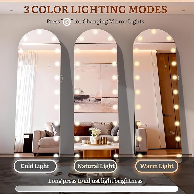 63"×20" Arched Hollywood Full Length Mirror, Standing/Leaning/Hanging Full Body Mirror with 19 Surrounding Lighted Bulbs, Floor Mirror with 3-Mode LED Lights for Bedroom and Living Room