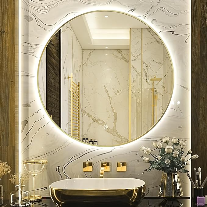 24" Round LED Bathroom Mirror, Wall Mounted Round Backlit Mirror LED Bathroom Vanity Mirror with Light Fog Free Circle Lighted Mirror with Shiny Gold Frame, Smart Light up Mirror 3-Color