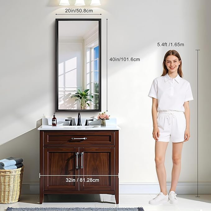 CIRCUMI 20"x40" Brushed Black Mirror with Chunky Box Metal Frame, Bathroom Mirror for Vanity Remodel & New Home, Living Room, Entryway, Rectangular Wall Mirror, Tempered Glass, Vertical or Horizontal