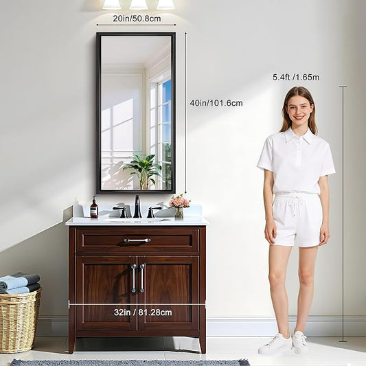 CIRCUMI 20"x40" Brushed Black Mirror with Chunky Box Metal Frame, Bathroom Mirror for Vanity Remodel & New Home, Living Room, Entryway, Rectangular Wall Mirror, Tempered Glass, Vertical or Horizontal