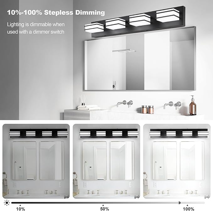 GOODATE 3 Color Temperature Dimmable Bathroom Light Fixtures Over Mirror, LED Black 4 Light Vanity Lighting Fixtures, Acrylic Stainless Steel Square Shade Vanity Lights for Bathroom, ETL Certificated