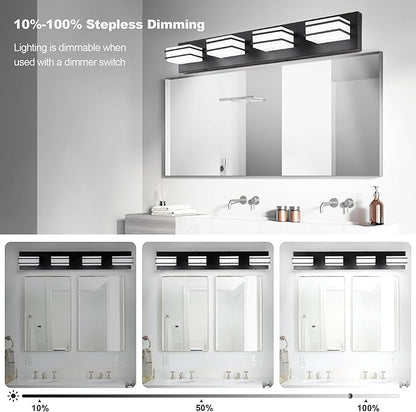 GOODATE 3 Color Temperature Dimmable Bathroom Light Fixtures Over Mirror, LED Black 4 Light Vanity Lighting Fixtures, Acrylic Stainless Steel Square Shade Vanity Lights for Bathroom, ETL Certificated