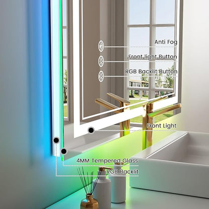 44x30 inch LED Bathroom Mirror with RGB Lights, Color Changing Backlit Mirror, Shatterproof, Dimmable Anti-Fog, Lighted Vanity Mirror (RGB Multicolor Backlit + Adjustable Front-Lighted)