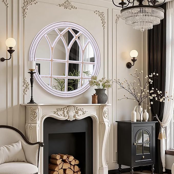 HOITUZYUS 36 Inches Rustic Round Wood Window Mirror, Farmhouse Windowpane Circle Mirrors for Wall Decor, Entryway, Living Room, Bathroom, Bedroom