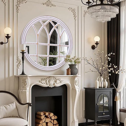 HOITUZYUS 36 Inches Rustic Round Wood Window Mirror, Farmhouse Windowpane Circle Mirrors for Wall Decor, Entryway, Living Room, Bathroom, Bedroom